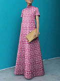 Momentlover Loose Short Sleeves Printed Stand Collar Maxi Dresses