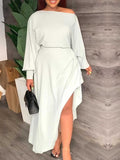 Momentlover Plus Size Inclined Neck Fold Design Asymmetrical Split Dress AT9624