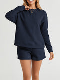Momentlover Solid Color Long Sleeves Loose Round-Neck Sweatshirt Top + Drawstring Shorts Bottom Two Pieces Set