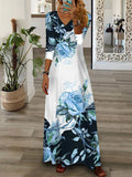Momentlover Flower Print Contrast Color Wrap Loose V-Neck Maxi Dresses
