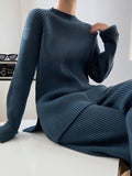 Momentlover Urban Loose Solid Round-Neck Split-Side Sweater& Wide Leg Pants Suits