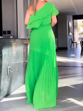 Momentlover Pleated Plain Asymmetric Loose One-Shoulder Maxi Dresses