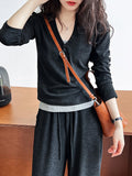 Momentlover Hooded Long Sleeves Buttoned  T-Shirts Top + Vest Top + Wide Leg Drawstring Elasticity Pants Bottom Three Pieces Set