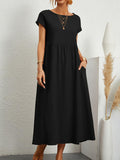 Momentlover Solid Color Pleated Short Sleeves Loose Round-Neck Midi Dresses