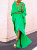 Momentlover Batwing Sleeves Loose Solid Color Split-Side V-Neck Maxi Dresses