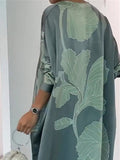 Momentlover Long Sleeves Buttoned Contrast Color Flower&Leaves Print Muslim V-Neck Maxi Dress
