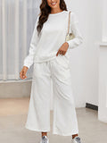 Momentlover Solid Color Long Sleeves Loose Round-Neck Shirts Top + Drawstring Pants Bottom Two Pieces Set