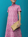 Momentlover Loose Short Sleeves Printed Stand Collar Maxi Dresses