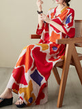 Momentlover Contrast Color Color-Block Raglan Sleeve Loose Round-Neck Maxi Dresses