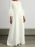 Momentlover Elegant Simple Black And White Feather Long Sleeve Party Dress
