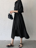 Momentlover Casual A-Line Long Sleeves Bandage Solid Color Lapel Collar Shirt Midi Dresses