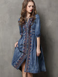 Momentlover Vintage Oversize Embroidery Denim Dress
