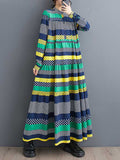 Momentlover Split-Joint Polka-Dot Buttoned Loose Long Sleeves Round-Neck Midi Dresses