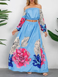 Momentlover Off-The-Shoulder A-Line Elasticity Flower Print Pleated Shirts Top + High Waisted Skirts Bottom Two Pieces Set