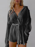 Momentlover Tied Waist Solid Color Pleated Buttoned Long Sleeves Lapel Shirt Dress Mini Dresses