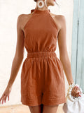 Momentlover Solid Color Ribbed Sleeveless Loose Halter-Neck Rompers