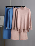 Momentlover Urban Long Sleeves Solid Color Half Turtleneck Sweater Tops & Wide Leg Pants Two Pieces Set