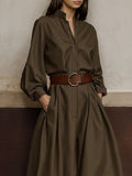 Momentlover Long Sleeves Loose Buttoned No Belt Solid Color V-neck Jumpsuits