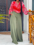 Momentlover Long Sleeves Heaps Collar Printed Shirts Top + High Waisted Pants Bottom Two Pieces Set