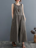 Momentlover Split-Joint Plaid Sleeveless Loose Round-neck Jumpsuits
