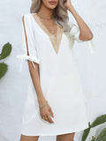 Momentlover Split-Joint Hollow Loose Half Sleeves V-Neck Mini Dresses