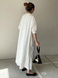 Momentlover Simple Solid Color Stand Collar Loose Half Sleeve Shirt Dress