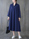 Momentlover Solid Color Buttoned Loose Long Sleeves V-Neck Shirt Dress Midi Dresses