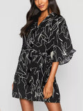 Momentlover Printed Pleated Elasticity Buttoned Plus Size Loose V-Neck Mini Dresses