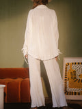 Momentlover Drawstring Pleated Flared Sleeves Long Sleeves Buttoned Solid Color Split-Side Lapel Shirts Top + Pants Bottom Pajama Sets