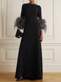 Momentlover Elegant Simple Black And White Feather Long Sleeve Party Dress