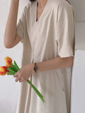 Momentlover Loose Solid Color V-Neck Pleated With Pockets Midi Dresses