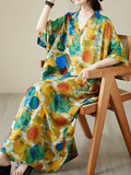 Momentlover Polka-Dot Contrast Color Loose Half Sleeves V-Neck Maxi Dresses