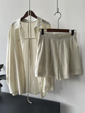 Momentlover Loose Solid Color Long Sleeves Blouse + Pleated Shorts Two Pieces Set