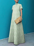 Momentlover Loose Short Sleeves Printed Stand Collar Maxi Dresses