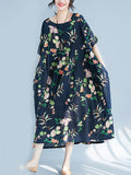 Momentlover Flower Print Short Sleeves Loose Round-Neck Midi Dresses