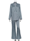 Momentlover Printed Long Sleeves Lapel Outwear Top + Flared Trousers Bottom Two Pieces Set