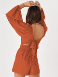 Momentlover Tied Solid Color Elasticity Backless Puff Sleeves Loose Square-Neck Rompers