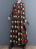 Momentlover Split-Joint Flower Print Buttoned Loose Long Sleeves Round-neck Midi Dresses