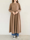 Momentlover Casual Loose Long Sleeves Solid Color Round-Neck Midi Dresses