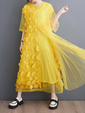 Momentlover Split-Joint Gauze Asymmetric Short Sleeves Loose Round-Neck Midi Dresses