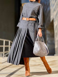 Momentlover Solid Color Loose Top +  Asymmetric Pleated Split-Joint  Skirt Two Pieces Set