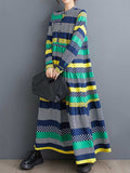 Momentlover Split-Joint Polka-Dot Buttoned Loose Long Sleeves Round-Neck Midi Dresses