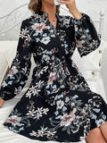 Momentlover Flower Print Elasticity Drawstring Buttoned Loose Long Sleeves V-Neck Mini Dresses