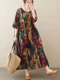 Momentlover Vintage Loose Abstract Printed Pleated Round-Neck Half Sleeves Midi Dress
