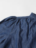 Momentlover Tied Waist Striped Split-Joint Contrast Color Buttoned Asymmetric Loose Long Sleeves Mock Neck Midi Dresses
