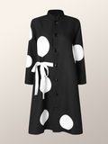 Momentlover Long Sleeves Loose Asymmetric Buttoned Polka-Dot Tied Mock Neck Jackets&Coats Midi Dresses Outerwear