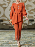 Momentlover Rhine Stones Asymmetric Tied Waist Pleated Shirt Top+Split-Front Pants Bottom Two Pieces Set