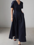 Momentlover Simple Casual Solid Color Pleated Midi Dress