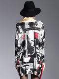 Momentlover Urban Loose One-Shoulder Printed Split-Joint Sweater