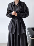 Momentlover Solid Color Long Sleeves Tied Waist Blouse + Loose Elasticity Waist Skirt Two Pieces Set